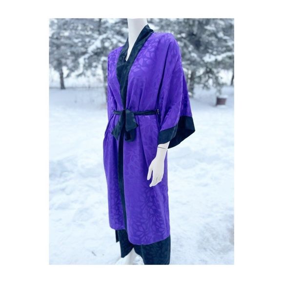 80s Diamond Tea Satin Loungewear Set Kimono Sleeve Duster Robe Trousers Purple B - Picture 10 of 16